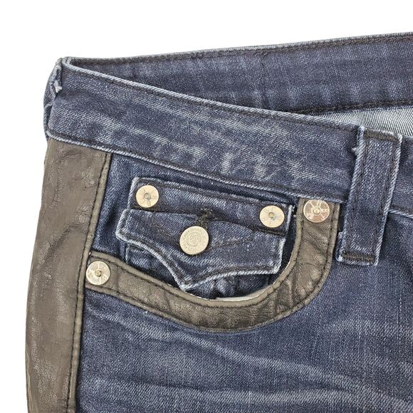 TRUE RELIGION Jeans Womens 31 Blue Leather Accent Flap Pockets Designer Bootcut - Picture 8 of 11